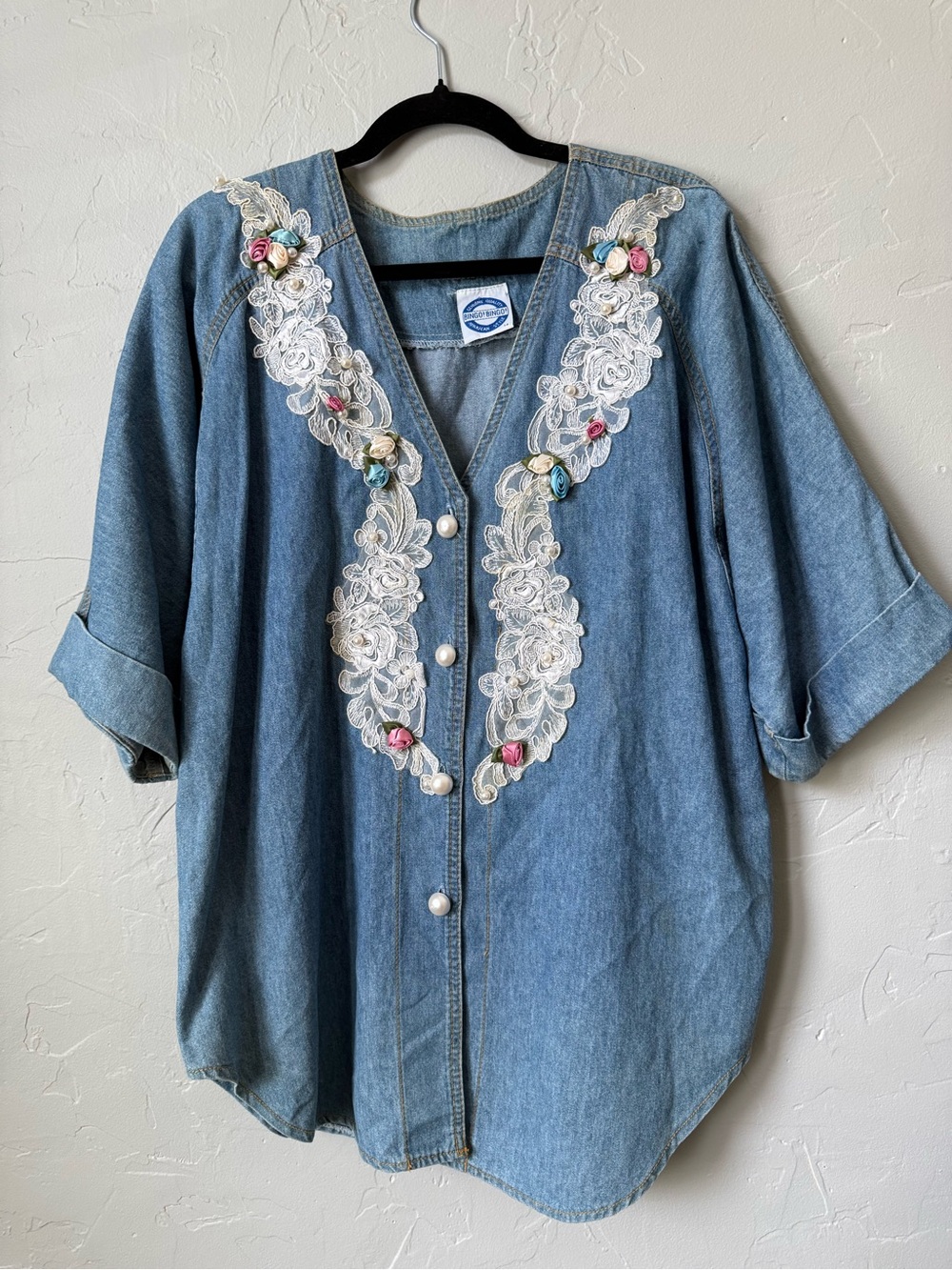 VINTAGE 1980s Embellished Chambray Denim Shirt Lace Pearl Beads and Roses Sz 14
